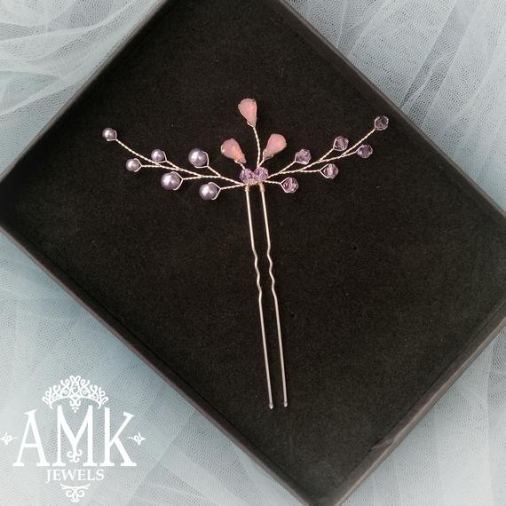 Mariage - Hair pins with pearls and crystals, Bridal violet Hair Pins, Lilac hair accessory, Bridal Hair Accessory, Purple Hair Piece for Bridesmaid