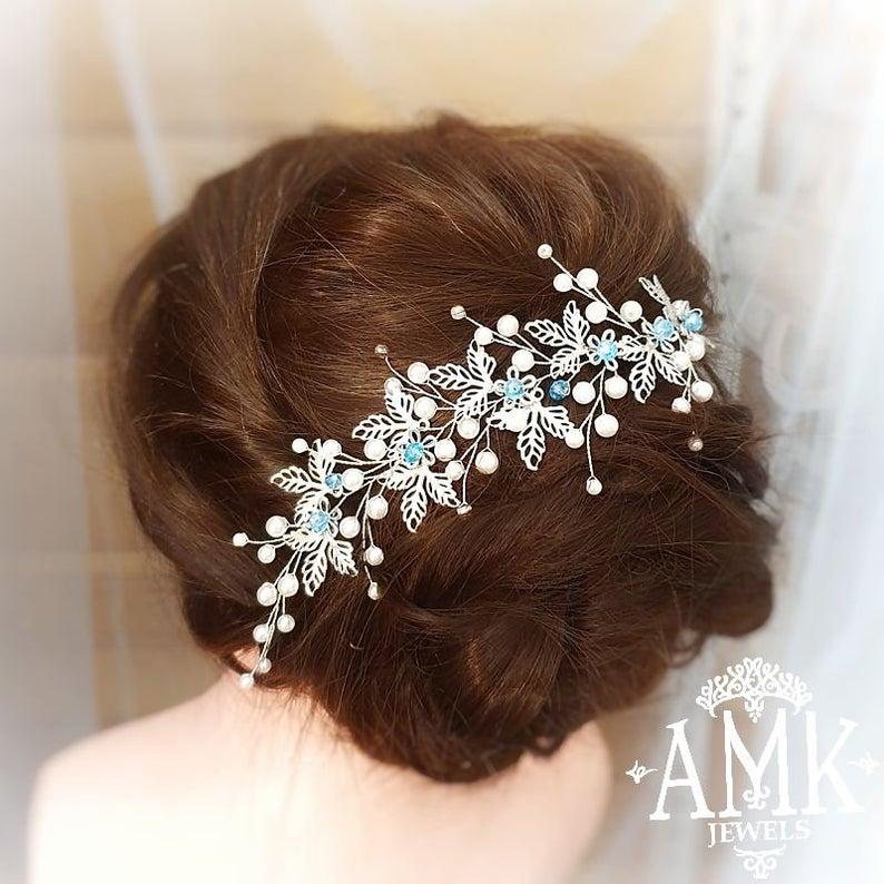 Wedding - Free shipping Silver blue hair accessory for bride and bridesmaid, hair wreath for wedding, blue and white wedding wreath, silver wreath