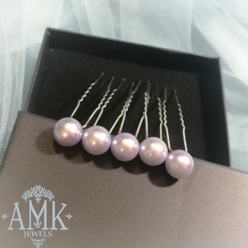 Wedding - Hair pins with pearls, Bridal lilac Hair Pins, Set of 5 Hair Pins, Bridal Hair Accessory, Lavender Hair Piece Bridesmaid, pearl hair pins