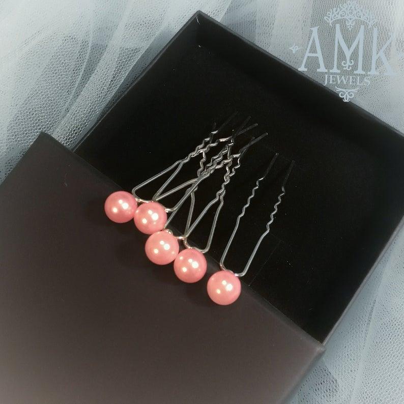 Wedding - Hair pins with pearls, Bridal pink Hair Pins, Set of 5 Hair Pins, Bridal Hair Accessory, Light pink Hair Piece Bridesmaid, pearl hair pins