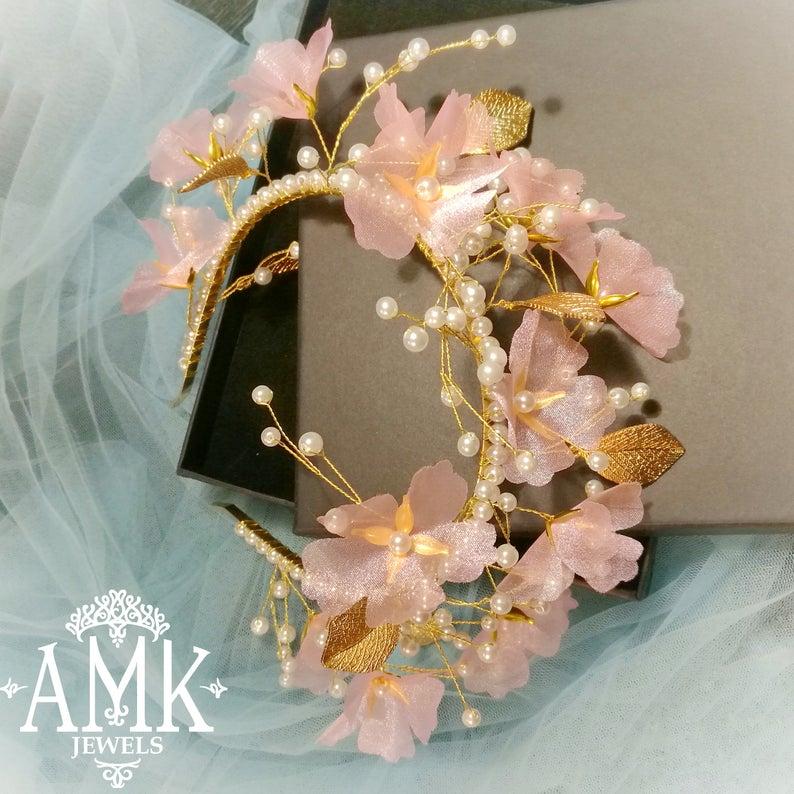 Wedding - Flower crown, floral headband, pink organza flower hair accessory, silk flower hair band, blue flower hair accessory, grey flowers hair band