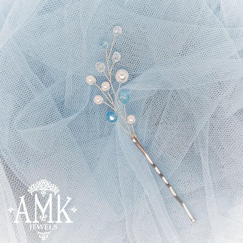 زفاف - Bobby pins with beads, Bridal silver Bobby Pins, Set of 3 Hair Pins, Bridal Hair Accessory, blue Hair Piece Bridesmaid, blue bobby pins