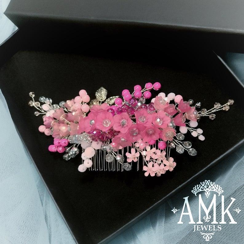 Hochzeit - Pink bridesmaid hair accessory, bridal floral comb, bridal decorative comb, wedding comb, wedding hair accessories, hair piece for wedding