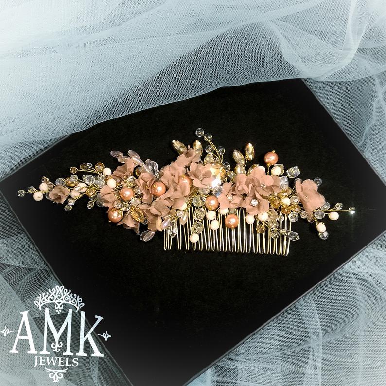 Wedding - Hairpiece for bride beige colour, nude champain bridal comb, wedding comb gold wire, boho style wedding hair piece, bridal shower royal comb