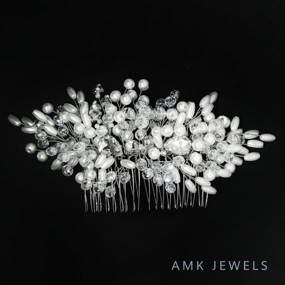 زفاف - White silver bridal comb, wedding comb with crystals, bridal accessory, wedding hairpiese accessories, white comb, pearls comb, headpiese