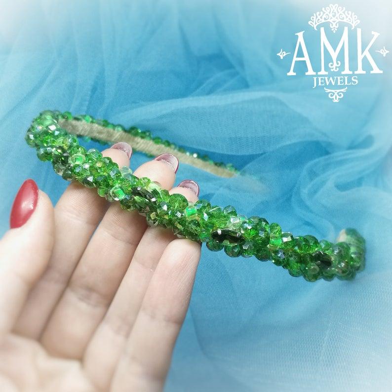Wedding - Green crystal headband for bridesmaid, wedding hairband, green Rim with Czech Crystals and beads, something green, rim, crystal wreath