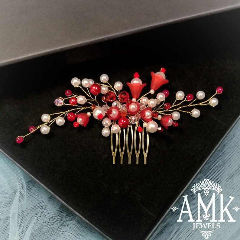 Wedding - Red flowers bridesmaid hair accessory, red and white bridal comb, hair accessory for bridesmaid, red hair decoration for birthday party
