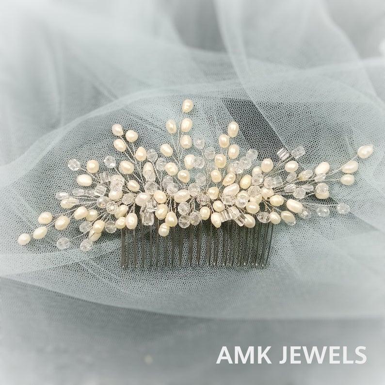 Hochzeit - Wedding Hair Comb with fresh water pearls, Wedding headpiece, Crystal hair comb, Pearl head piece, Gatsby Headpiece, white comb, pearls comb