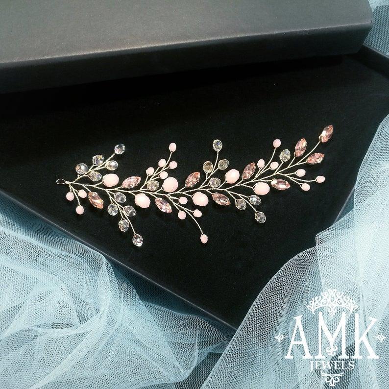 Wedding - Crystal hair accessory, pink hair vine