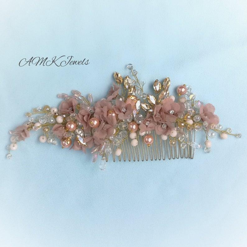 زفاف - Decorative Bridal comb with flowers and rhinestones, wedding comb, Comb for bride, wedding hairpiese accessories, Flowers Hair Peice, comb