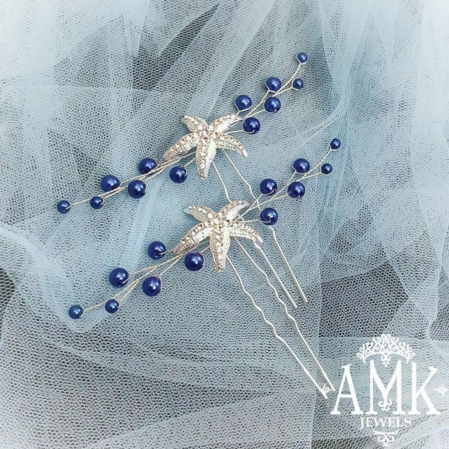 Mariage - Set of starfish hair pins. Color of pearl beads can be different. This set is very versatile so you can use two or 4 hair pins in different hairstyles as Greece ponytails or bun. MEASUREMENT Approx. 3,5 in ⠀ ▶️ Hair pins - #amkjewelshairpins ▶️ Blue color