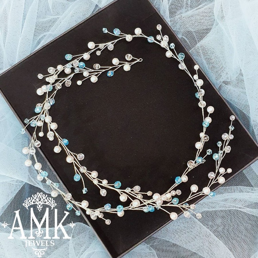 Wedding - Thin light hair vine for wedding with Czech crystals and pearl beads. The wire is silvery, flexible and at the same time rigid, it will not lose its shape. The vine fastened to the hairstyle with hair pins or bobby pins. Delivery all over the world takes 