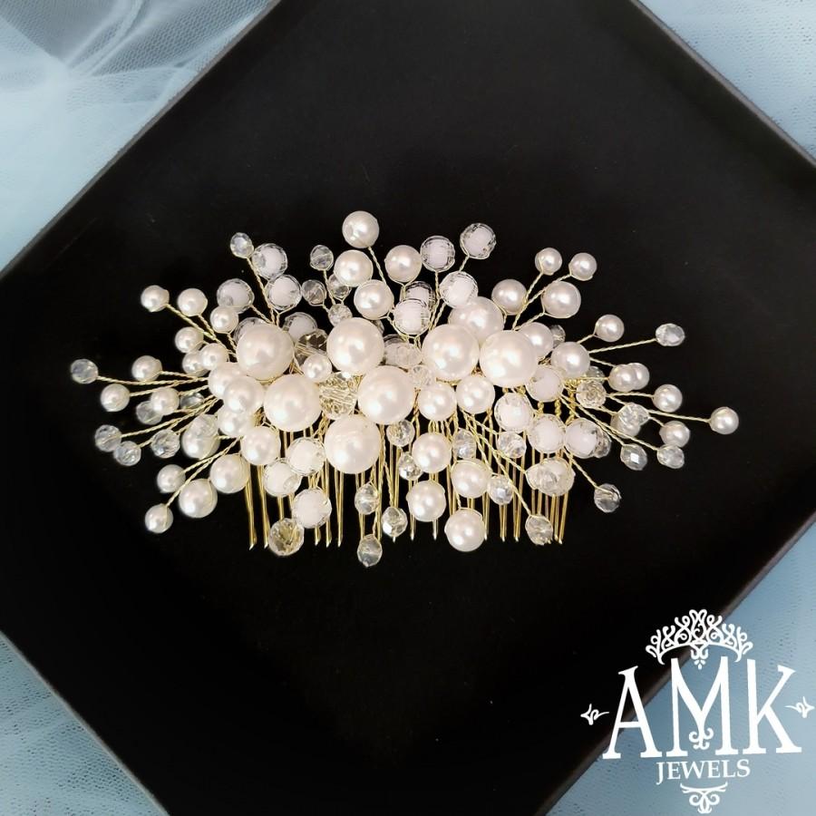 Wedding - Bridal comb with white beads different size and crystals. This beautiful comb will decorate the hair of the exquisite bride. you can use it in every happy moments of your life: birthday, party and another occasion. ⠀ Measurements approx.: 15*7 sm (5,9*2,7