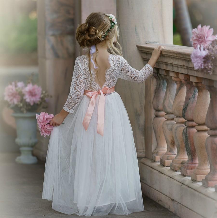 Wedding - Off White Tulle Flower Girl Dress, White Lace Flower Girl Dress, Boho Flower Girl Dresses, Rustic Flower Girl Dresses, Toddler Tutu Dress