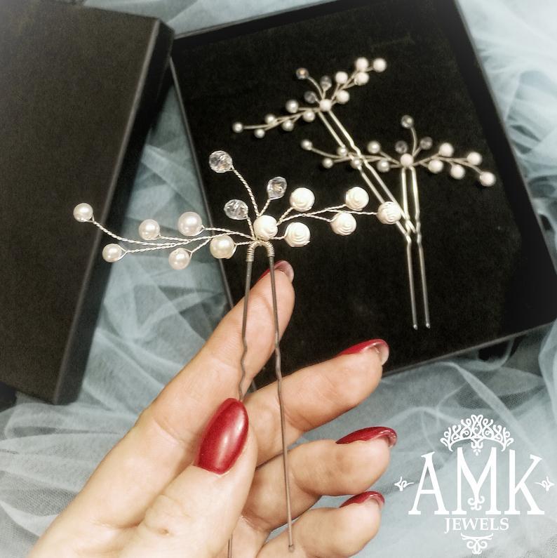 زفاف - White wedding hair pins, set of bridal hair pins