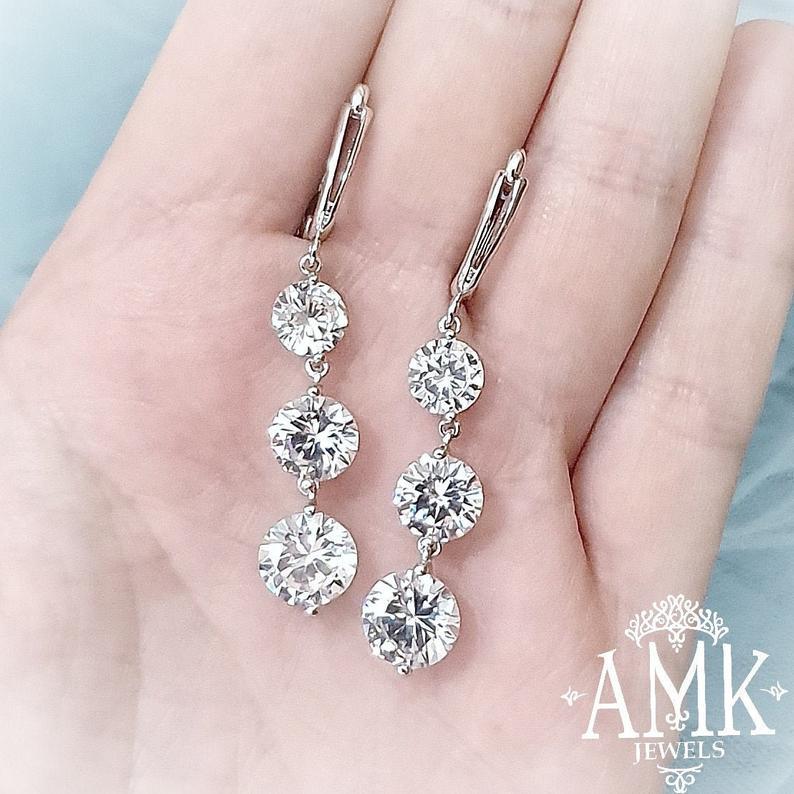 زفاف - Crystal wedding earrings, silver bridal earrings, Cubic Zirconia Bridal Earrings, Bridal clip on Earrings, dangle earrings, silver earrings