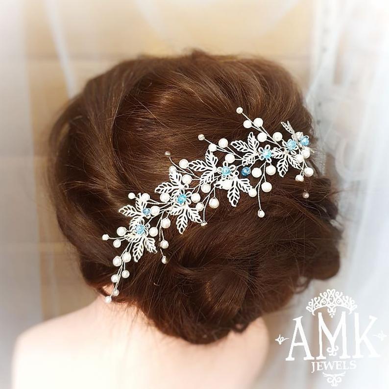 Wedding - Free shipping Silver blue hair accessory for bride and bridesmaid, hair wreath for wedding, blue and white wedding wreath, silver wreath