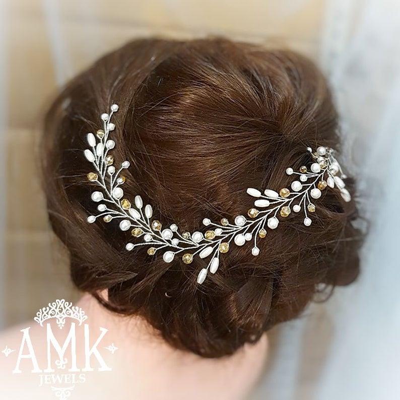 Wedding - Beige Hair Vine, Bridal hair wreath, wedding wreath, vine Bridal, Hair vine for bride, Hair Piece Bridesmaid, beige bridal hair accessory