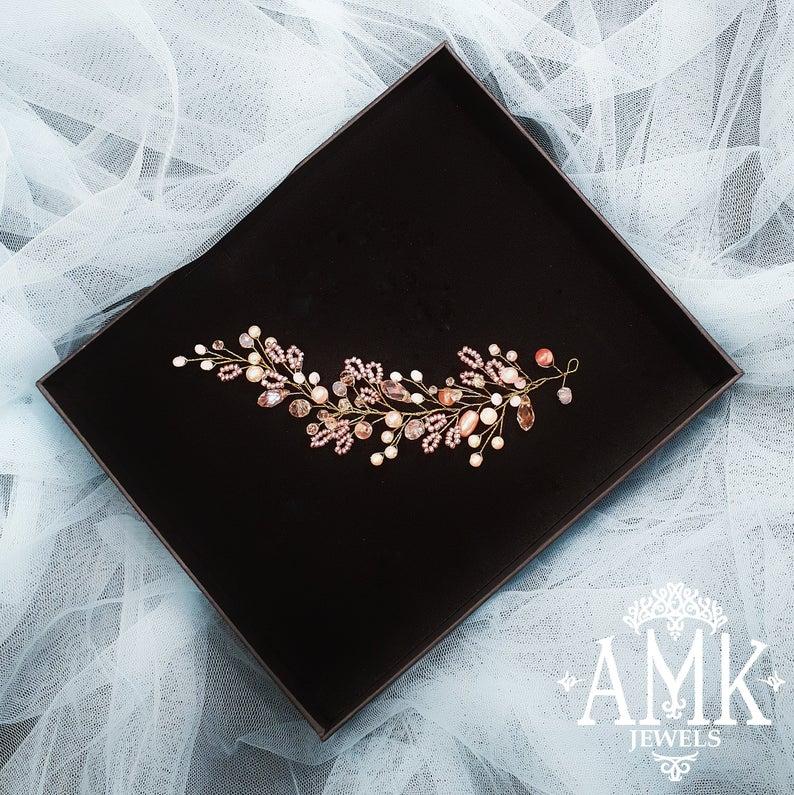 Hochzeit - Pink bridesmaid hair accessories, gold hair vine