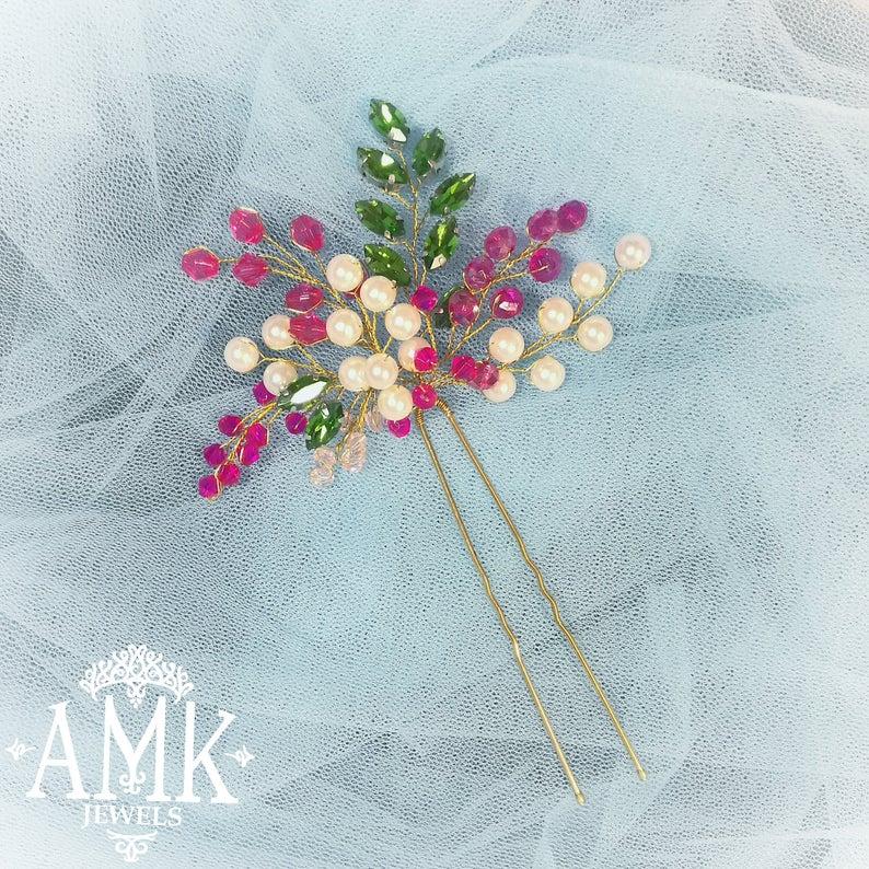 Свадьба - Hair pin for bridesmaid, pink crystals hair accessories, green hair pin, green rhinestones bridesmaid accessory, pink green white hair pin