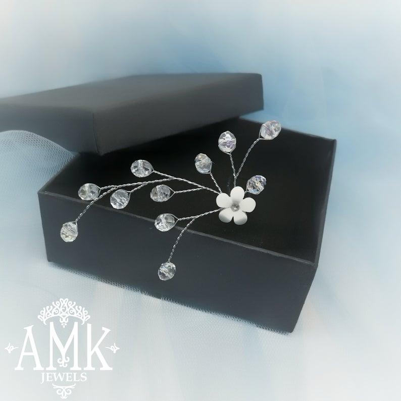 Hochzeit - Hair pins with crystal, Bridal Silver Hair Pins, Floral hair pin, Bridal Hair Accessory, Silver Hair Piece Bridesmaid, white flower hair pin