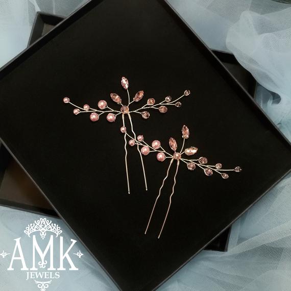 Wedding - Light pink hair pins for bride, light rose hair accessory for wedding, pink rose hair jewellery for bride and bridesmaides, hair pin bridal