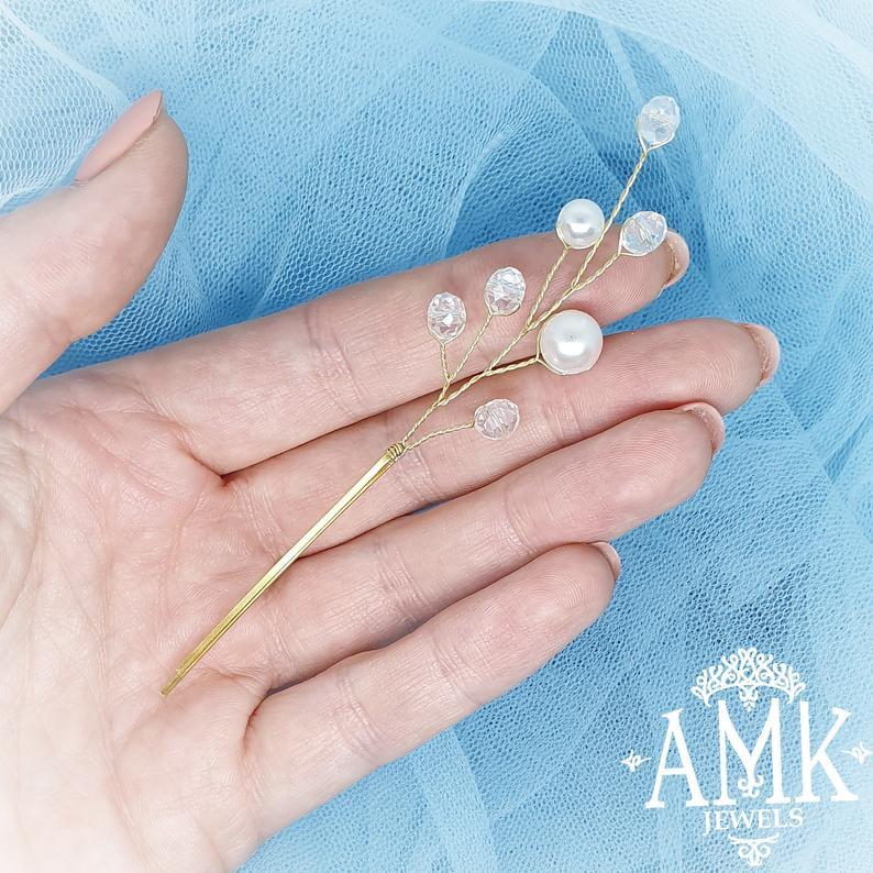 Hochzeit - Hair pins with beads and crystals, Bridal Golden Hair Pins, one or Set of 3, 5, 7 Hair Pins, Golden Hair Piece for Bridesmaid, wedding pin