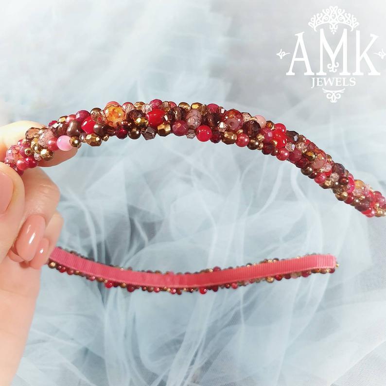 Wedding - Crystal headband, red hair accessory