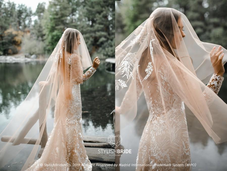 Wedding - Limited Enchanted Forest Veil, Boho Nude Veil with Blusher, Luxury Rustic Pattern Soft Biege Tulle Veil, High Quality Handmade TAN Veil 2020