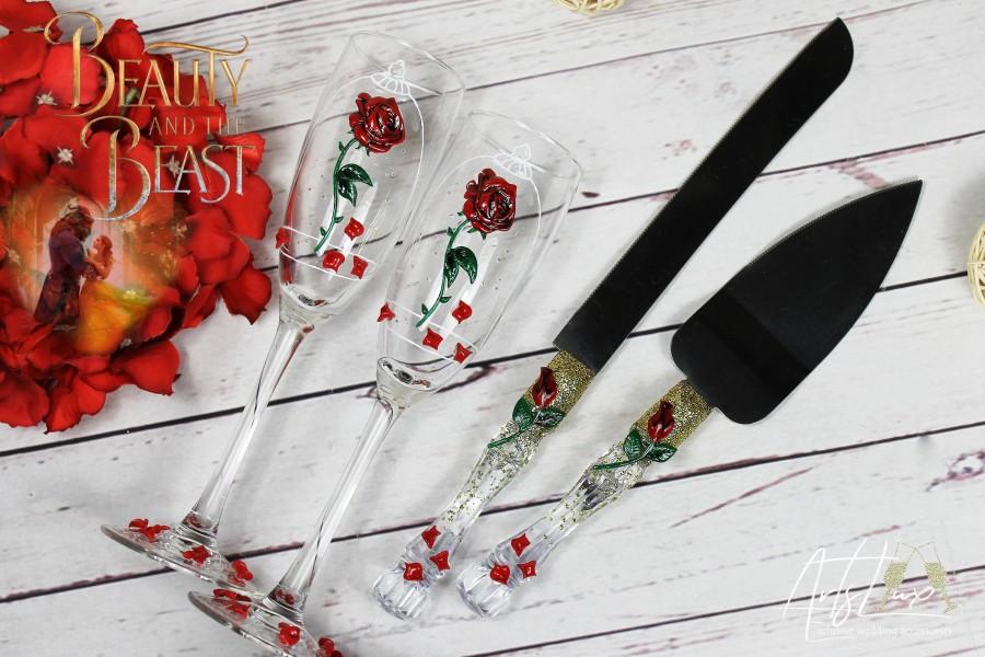 Hochzeit - Beauty and the Beast Enchanted Rose wedding set-Red roses weding champagne glasses&cake server set-Wedding toast flute and cake cutting set