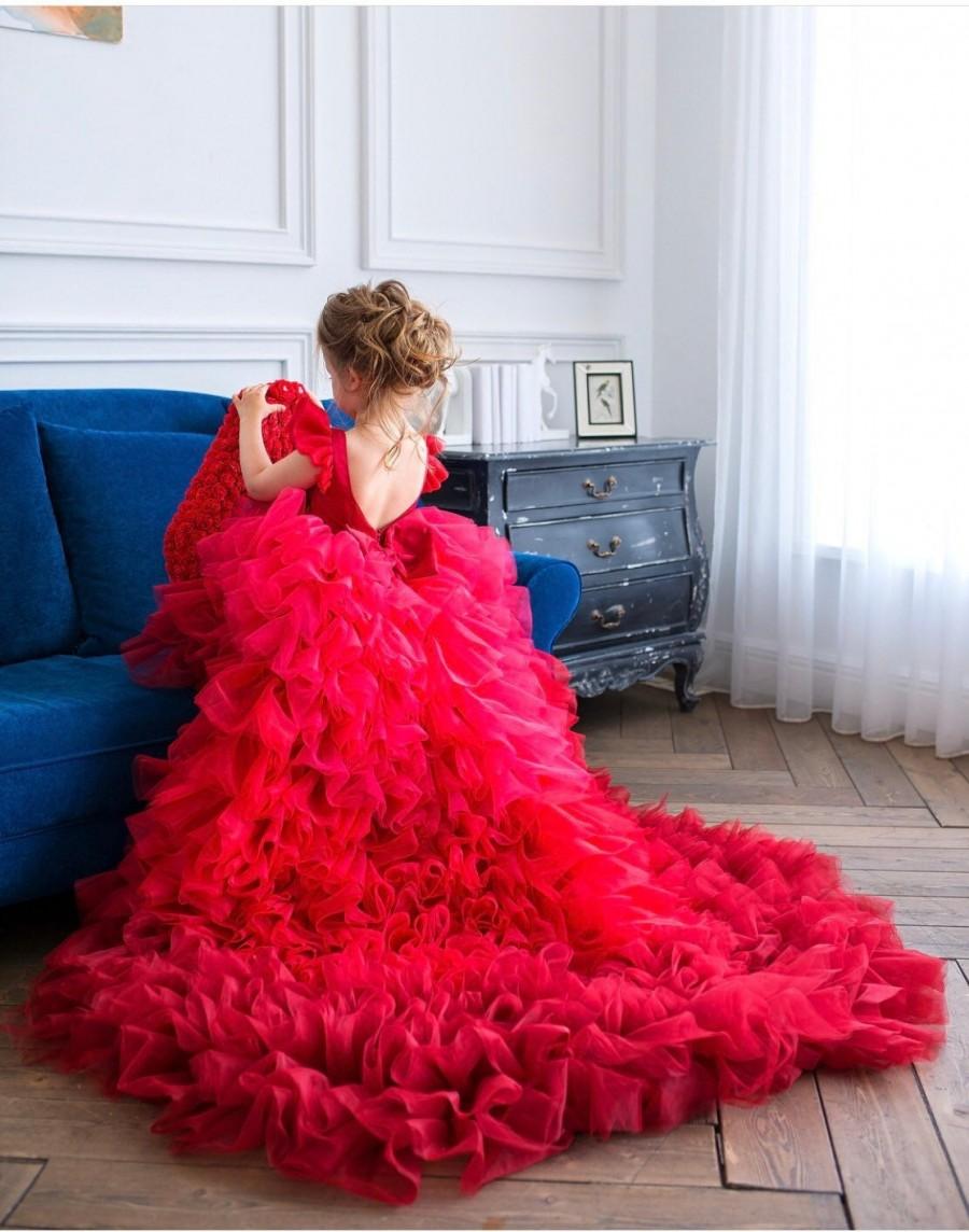 Hochzeit - Red Flower Girl Dress tulle dress with train birthday girl dress red tulle dress low high dress red tulle dress ruffled birthday girl dress