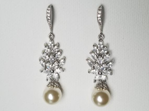 Hochzeit - Pearl Chandelier Bridal Earrings, Cluster Crystal Wedding Earrings, Swarovski Ivory Pearl Silver Earrings, Bridal Jewelry, Statement Earring