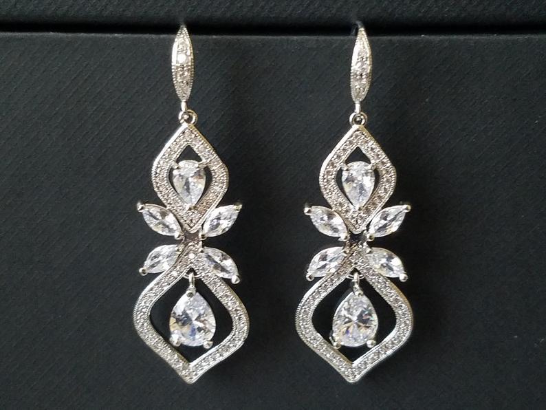 Hochzeit - Wedding Crystal Earrings, Bridal Cubic Zirconia Earrings, Chandelier Earrings, Bridal Crystal Jewelry, Crystal Dangle Earrings Vintage Style