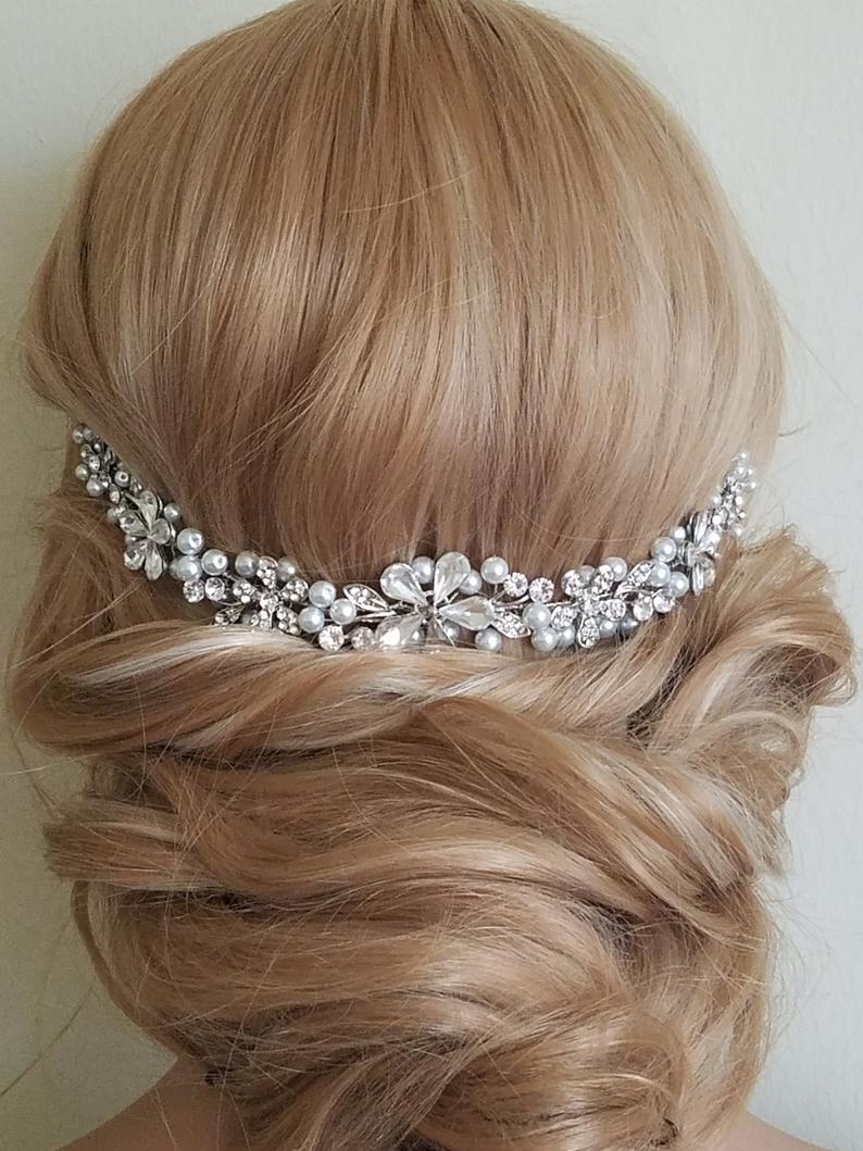 زفاف - Pearl Crystal Bridal Hair Vine, Wedding Hair Piece, Bridal Tiara, Pearl Silver Hair Wreath, Crystal Pearl Bridal Crown, Wedding Hair Jewelry
