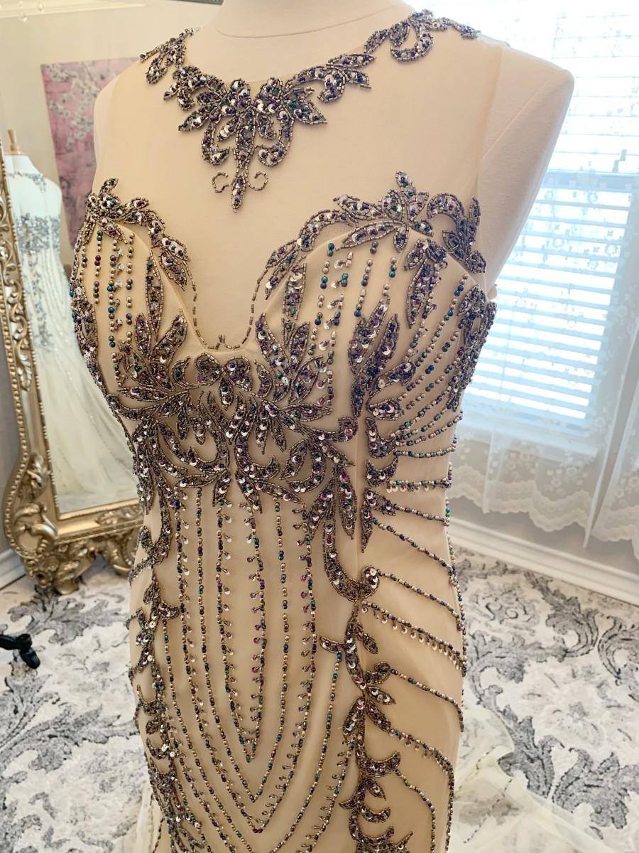 Mariage - Annabelle -Champagne Dark Beading, Fitted Art deco Champagne wedding dress, Unique Wedding Dresses, Custom Made Wedding Dress, Beaded dress