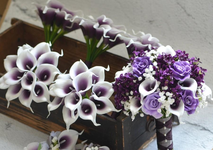 زفاف - Calla Lilies Wedding Package-Picasso Purple Calla Lilies Silk Bridal Bouquet Real Touch Flowers PU Real Touch Roses