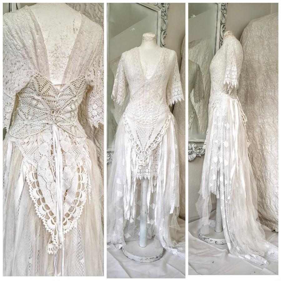 Mariage - Boho Wedding dress delicate ,bridal gown romantic, wedding dress antique lace,beach wedding dress