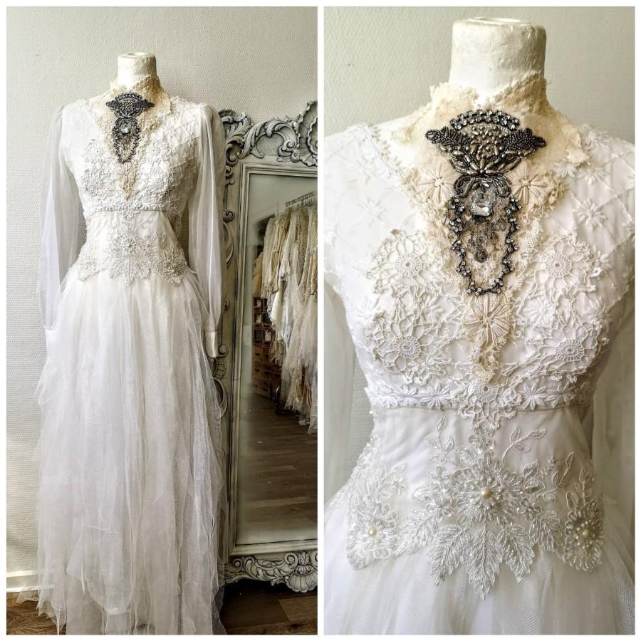 Hochzeit - Gothic wedding dress with long sleeves, Raw Rags handmade vintage style , Boho wedding dress