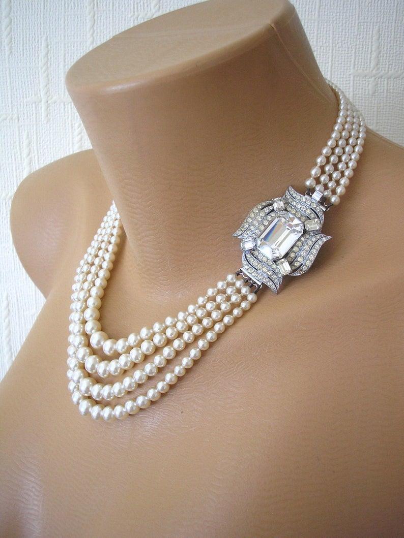 Hochzeit - Vintage 4 Strand Pearl Necklace With Side Clasp, Ivory Pearl Necklace, Multistrand Pearls, Bridal Pearls, Great Gatsby Pearls, Deco
