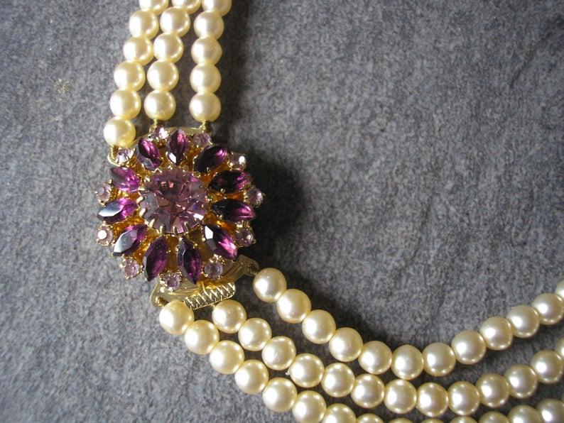 زفاف - Amethyst And Pearl Necklace With Side Clasp, Vintage Pearl Choker, Statement Necklace, Pearl Collar, Wedding Necklace, Bridal Jewelry