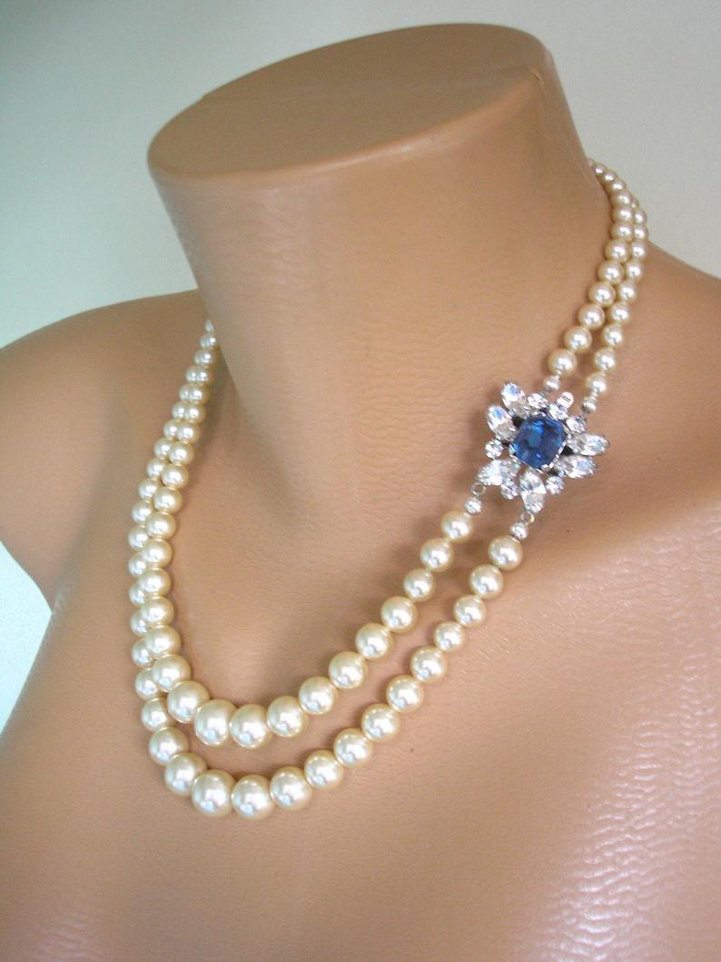 زفاف - Vintage Two Strand Pearl Necklace With side Clasp, Vintage Bridal Pearls, 2 Strand Pearls, Montana Sapphire, Vintage Pearl Choker, Art Deco