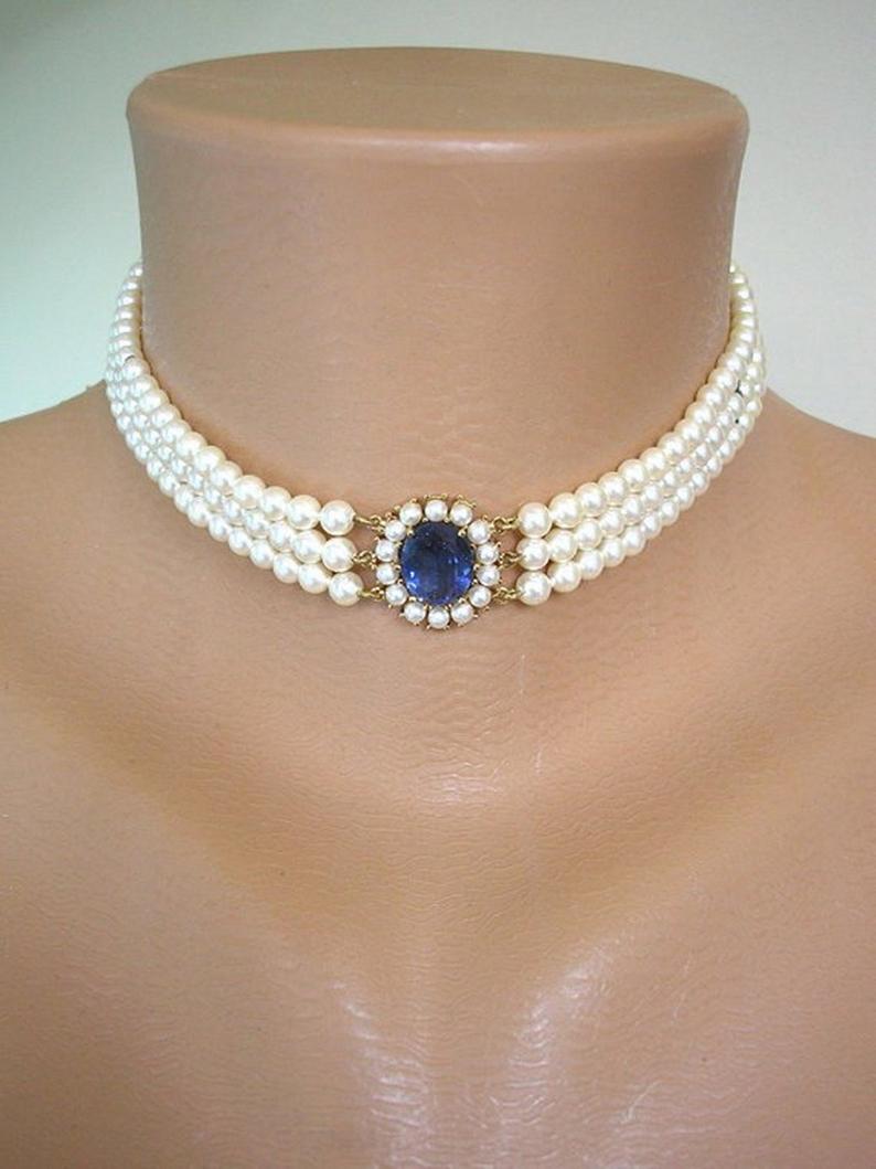 Mariage - LOTUS Royale Pearls, Vintage Pearl Choker, Sapphire Bridal Choker, Wedding Necklace, Pearl Necklace, Bridal Choker, Mother of the Bride