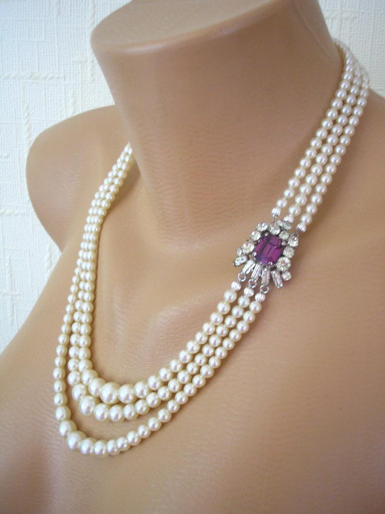 Hochzeit - Amethyst and Pearl Necklace With Side Clasp, Vintage Bridal Pearls, Bridal Choker, Cream Pearls, Wedding Jewelry, Pearl Necklace, Art Deco