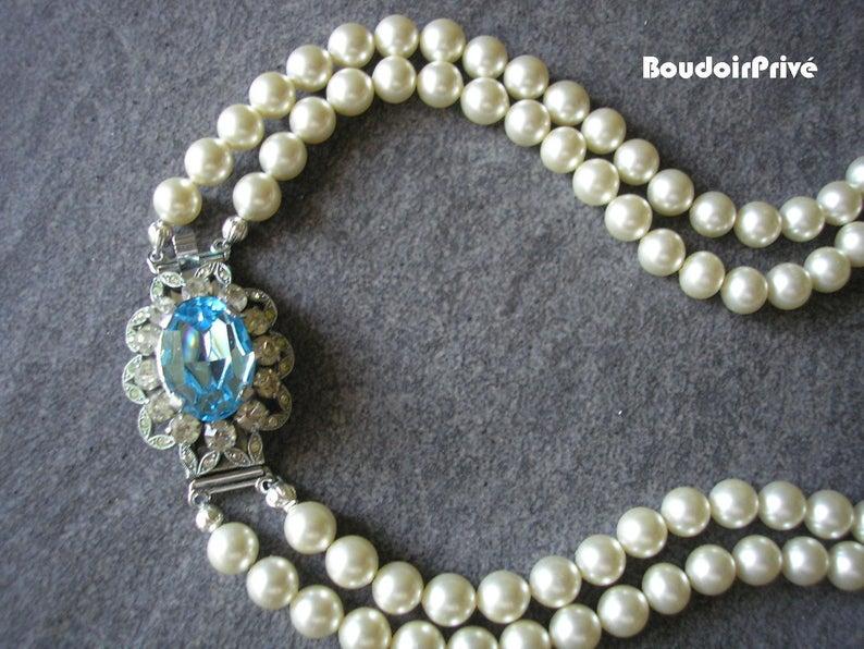 Wedding - Pearl and Aquamarine Necklace, Vintage Pearl Choker, Aqua, Blue Topaz, Two Strand, Bridal Pearls, Pearls With Side Clasp