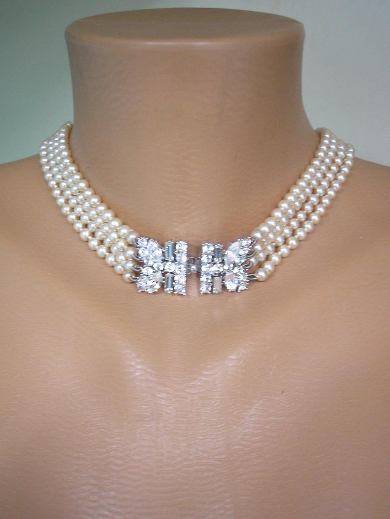 زفاف - 4 Strand Pearl Necklace, Vintage Cream Pearl Necklace, Multistrand Pearls, Bridal Pearls, Pearls With Side Clasp, Great Gatsby Pearls, Deco