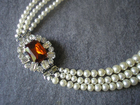 زفاف - Vintage Pearl Choker With Side Clasp, Vintage Pearl Necklace, Cognac Topaz And Pearl, Vintage Bridal Pearls, Bridal Necklace, Fall Wedding
