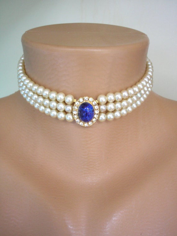 Mariage - Vintage Attwood And Sawyer Pearl Choker, Pearl Jewelry, Vintage Lapis Lazuli Choker, Peking Glass, Bridal Pearls, A&S Jewelry, Blue Wedding