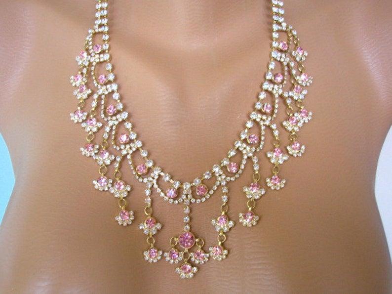 Mariage - Pink Rhinestone Necklace, Bridal Necklace, Great Gatsby, Art Deco, Rhinestone Collar, Vintage Bridal, Pink Wedding, Mother of the Bride