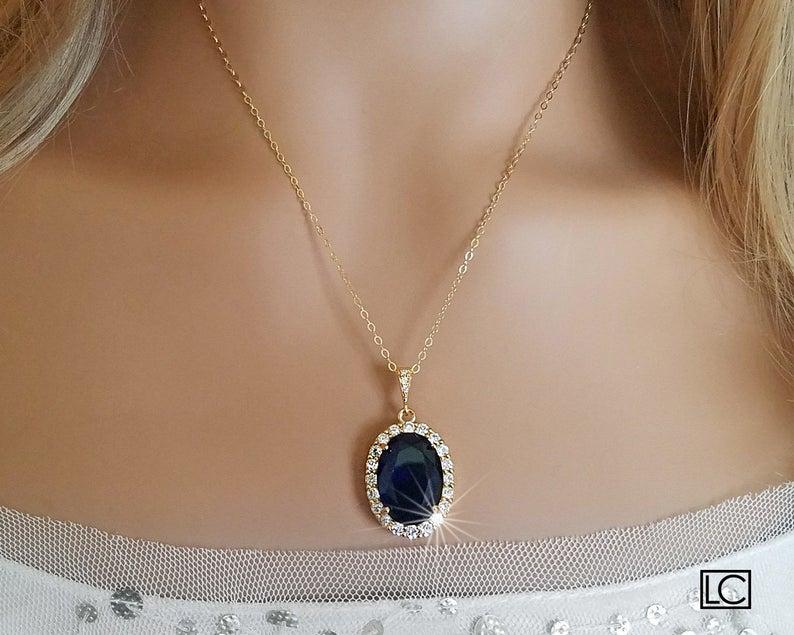 Wedding - Navy Blue Crystal Necklace, Dark Blue Halo Necklace, Sapphire Blue Gold Oval Pendant, Wedding Navy Jewelry, Bridal Jewelry Bridal Party Gift