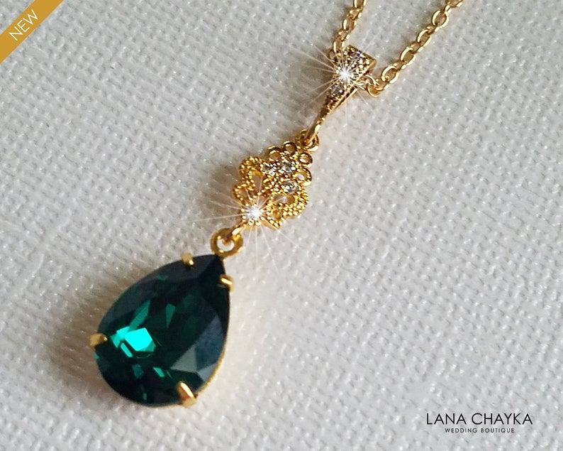 Wedding - Emerald Gold Necklace, Green Teardrop Necklace, Swarovski Emerald Crystal Necklace, Wedding Emerald Jewelry, Bridal Emerald Gold Jewelry